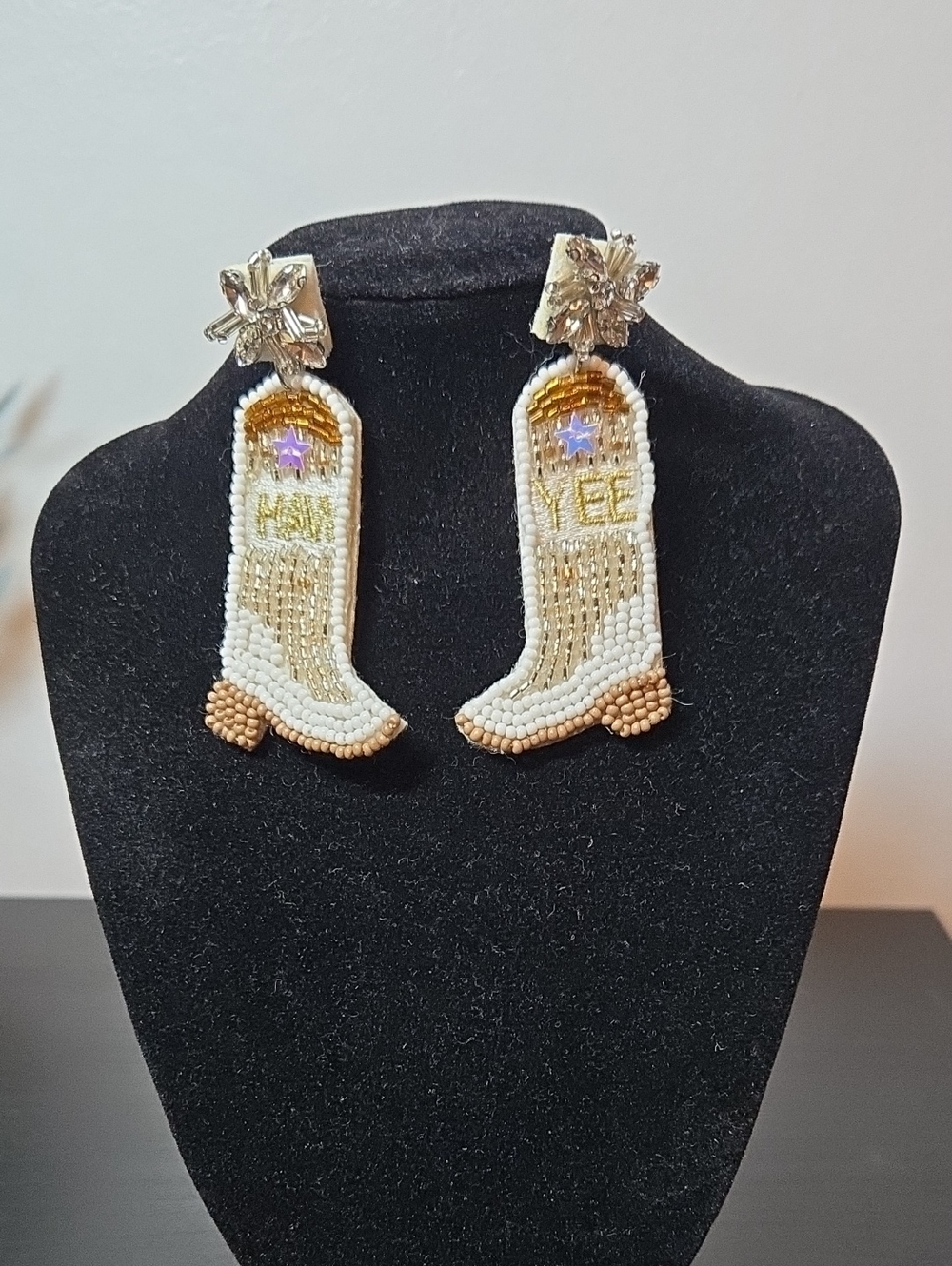 Beaded Cowboy Boot Earrings in White and Gold